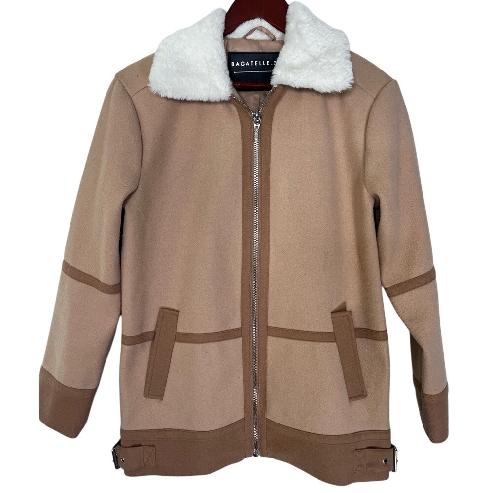Bagatelle NYC Womens Faux Fur Collar Aviator Jacket Tan Brown Full Zip Small